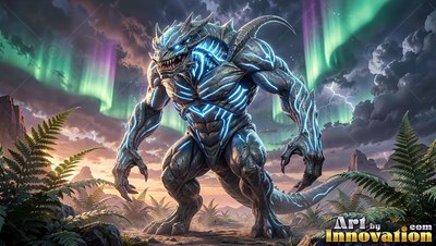 A scaly reptile monster stands in fern bushes beneath green northern lights