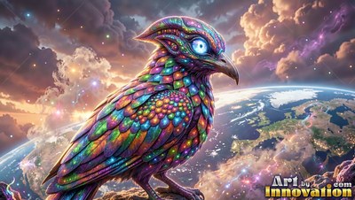Perched in profile, a colorful jeweled bird rests high above Earth in space