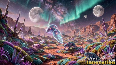 A ghostlike snake floats over purple desert plants under two big moons