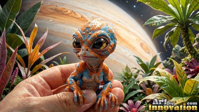 In an open palm, a tiny orange and blue alien creature sits before a giant planet