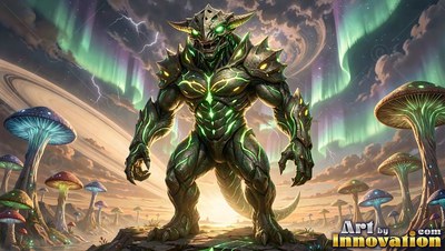 Standing tall, an armored green beast looks forward among tall mushrooms and auroras