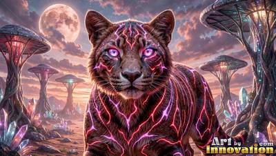 A dark leopard marked with pink lines stalks near tall mushrooms under a moon