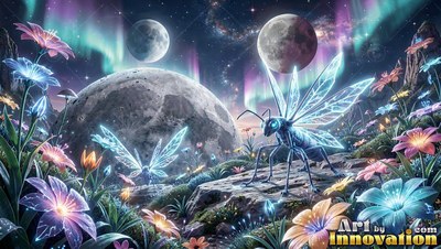Glassy wings spread on a blue bug resting on a rock in a starry flower field under moons