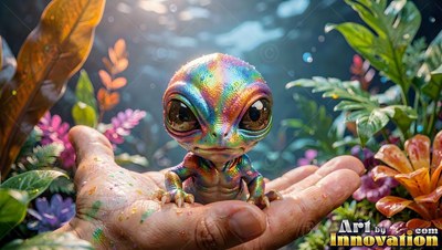 A tiny alien creature sits in an open hand under bright sunlight in rainbow colors