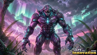 Standing upright under green aur oras, a muscular purple monster snarls in the wild
