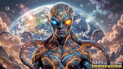 An alien with tentacles stands in space before a bright blue planet