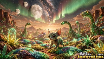 On a strange green planet, a wide-eyed cat walks under three moons