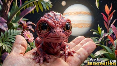Sitting on an open palm, a small red alien frog looks forward under a striped planet