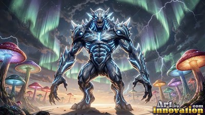 A horned monster standing by giant mushrooms under green aurora sky