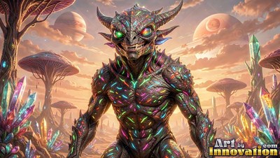Bright flecks cover a horned reptilian creature among crystal spires and giant mushrooms
