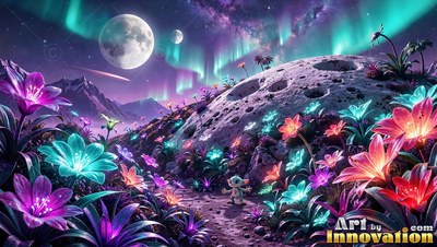 A tiny creature stands among bright flowers under a green aurora and two moons
