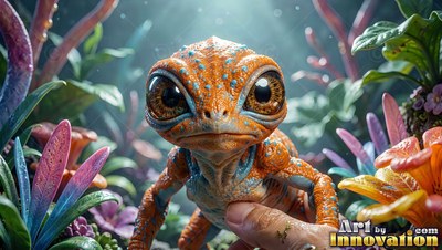 Held close up by a hand, a small orange lizard rests in lush foliage