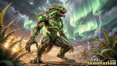 A green scaly monster crouches among ferns under a stormy sky with green northern lights