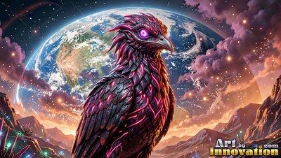On a rocky planet before a giant blue world, a black bird has purple markings