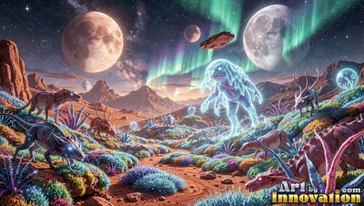 Walking across a desert under northern lights, a bright blue creature wanders