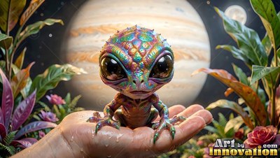 Tiny colorful alien reptile sitting in an open palm before Jupiter