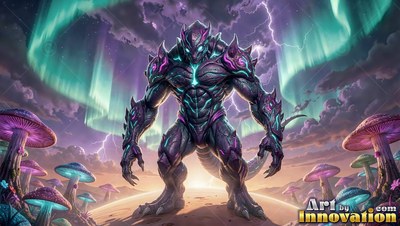 Spiky purple armor covers an alien creature standing under green northern lights