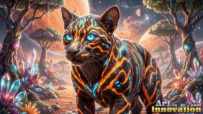 A striped black cat stands on a path, lit with bright orange and blue lines