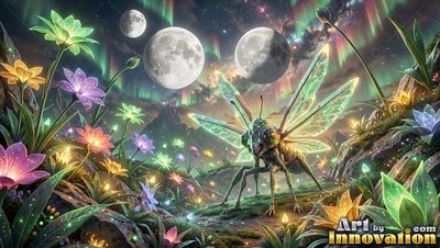 Standing low in a field of colorful flowers, a winged insect faces three bright moons
