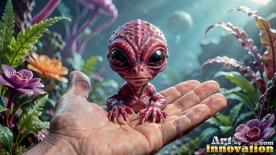 A tiny red alien sits in an open hand surrounded by purple flowers