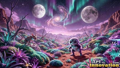 Two small creatures on a purple landscape beneath two moons