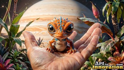 Spotted orange skin covers a tiny reptile resting on an open palm before a banded planet