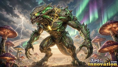 A scaly monster crouches among giant mushrooms under bright green northern lights