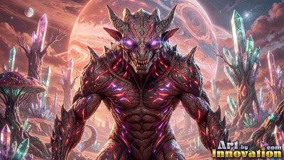 Facing forward, a horned creature stands on an alien world of tall crystals