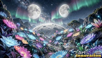 Bright flowers and a small creature sit under two full moons at night