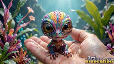 In an open human hand, a tiny rainbow lizard sits with huge round eyes