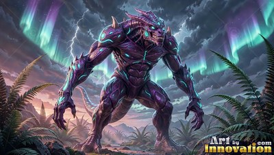 Standing in fern fields, a muscular purple reptile monster roars under green auroras