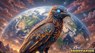 A bird with orange and blue feathers stands in front of a planet
