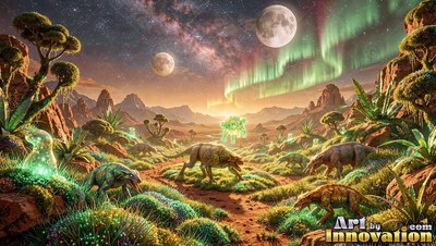 Horned four-legged beasts roam a rocky valley under green auroras and two round moons