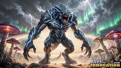 Standing tall in a field of mushrooms, a blue -lit monster roars under lightning