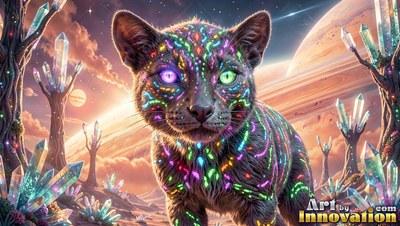 A patterned kitten with mismatched eyes sits near crystal trees under planets