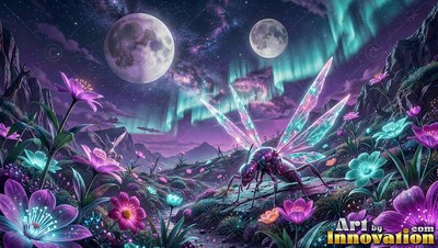 In a field under two moons, a winged insect crawls among purple flowers