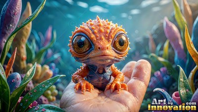 Sitting on an open palm underwater, an orange spiky lizard looks forward