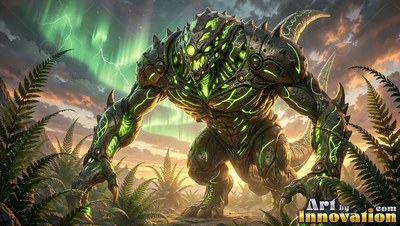 A green armored monster crouches in ferns under northern lights