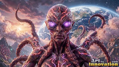 Purple eyes shine on a tentacled alien standing in front of a blue planet in space