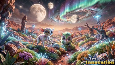 Two small alien creatures walk through mossy ground beneath bright green auroras and three moons