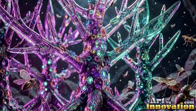 Close up from below on purple crystal trees where winged bugs fly around in the dark