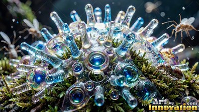 Clear glass plant with round blue knobs sitting on moss near tiny winged bugs