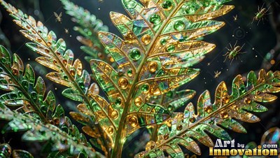 In a dark space, a golden fern leaf holds green glass beads beside flying bugs