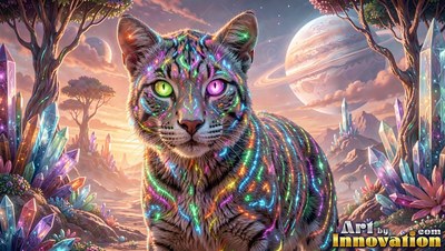 Sitting among colorful crystals, a striped cat with neon markings stares ahead under ringed planets