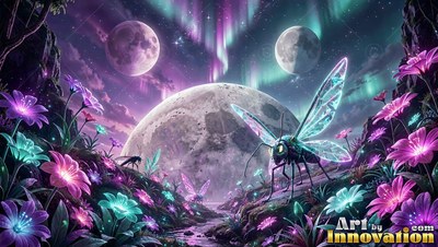 A winged insect on a hill of bright flowers under three moons