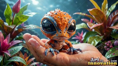 Spiky orange skin on a tiny alien creature resting in an open hand outdoors