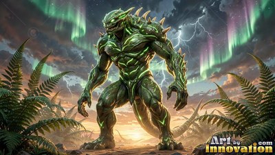 A green reptile monster stands among ferns under green sky lights