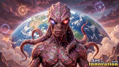 Facing forward, an alien with tentacles stands in front of a blue planet
