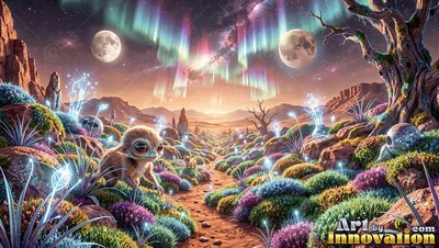 A small furry creature walks a dirt path under twin moons and northern lights