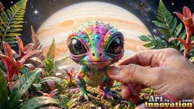 Under a ringed planet, a hand reaches toward a tiny colorful lizard